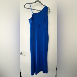 Blue. Size 8 floor-length, one shoulder “occasion dress” with cut out.